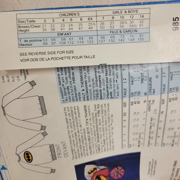 VTG Butterick 1989 BATMAN Iron-On Transfer Kids Sweatshirt Pattern #985✨️NIP - Picture 10 of 16